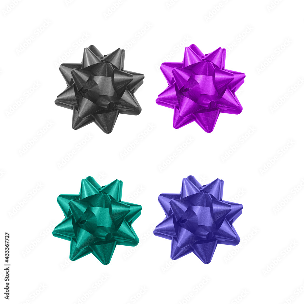 Four bows isolated on white background. Christmas ornaments, festive element, presents wrapping decor.
