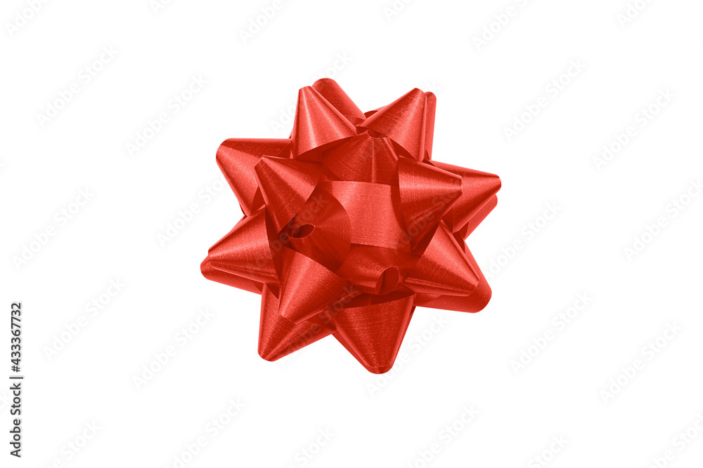 Red bow isolated on white background. Christmas ornaments, festive element, presents wrapping decor.