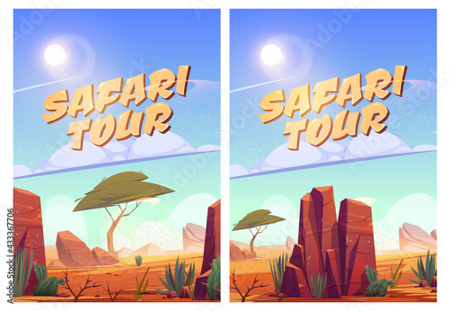 Safari tour posters with african savannah landscape. Vector flyer of exotic travel in savanna or desert in Africa with cartoon illustration of sand land with trees, grass, cactuses and stones