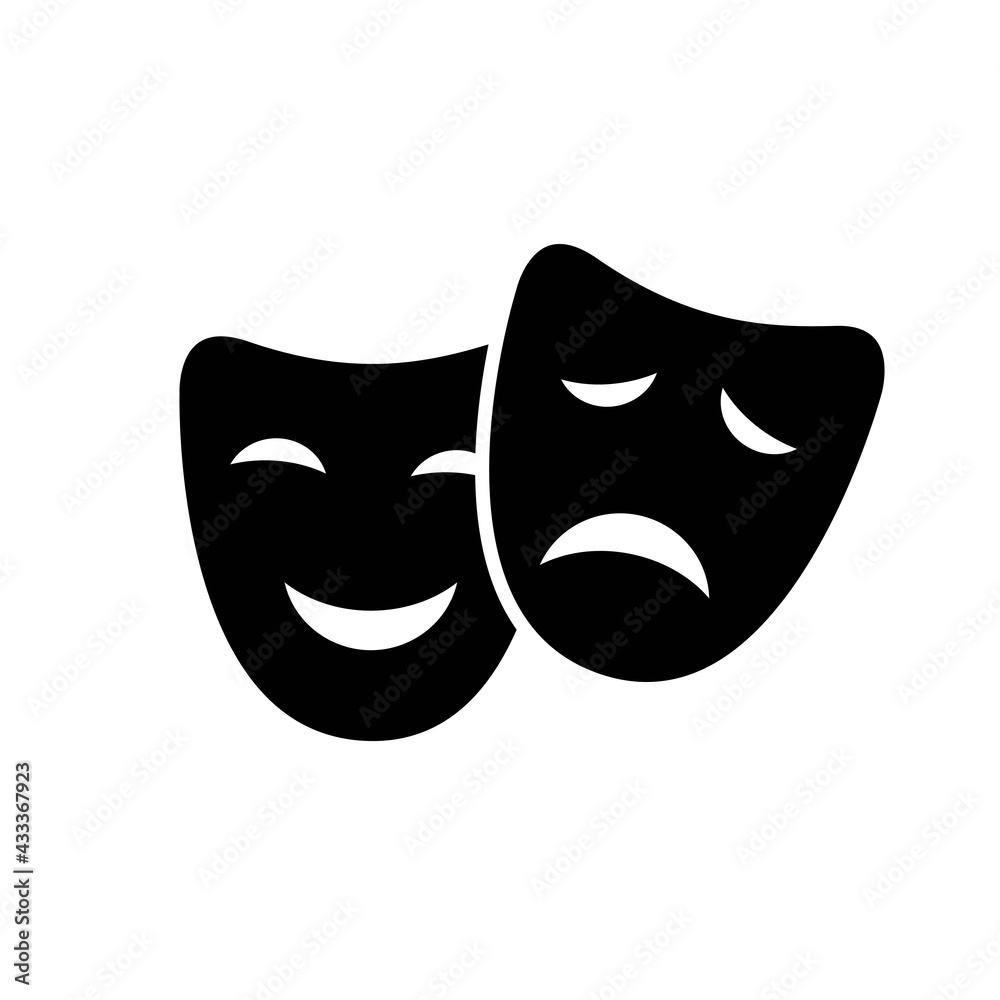 Comedy and drama, tragic and comic face mask black icon. Happy and sad mood silhouette. Trendy flat isolated symbol, sign for: illustration, logo, mobile, app, design, web, dev, ui, ux. Vector EPS 10 Comedy and drama, tragic and comic face mask black icon. Happy and sad mood silhouette. Trendy flat isolated symbol, sign for: illustration, logo, mobile, app, design, web, dev, ui, ux. Vector EPS 10