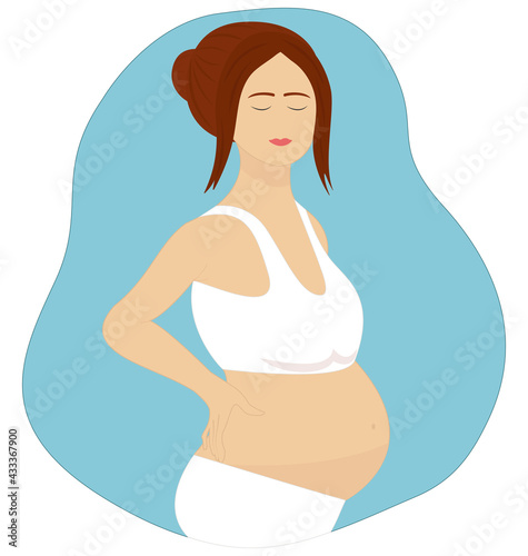 Simple cute vector illustration of a pregnant woman with brown hair in a white top on a blue background. Vector illustration, flat design 