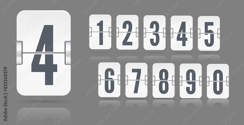 White set of flip numbers on a mechanical scoreboard with reflections floating on different height isolated on dark background. Vector template for your design. White set of flip numbers on a mechanical scoreboard with reflections floating on different height isolated on dark background. Vector template for your design.