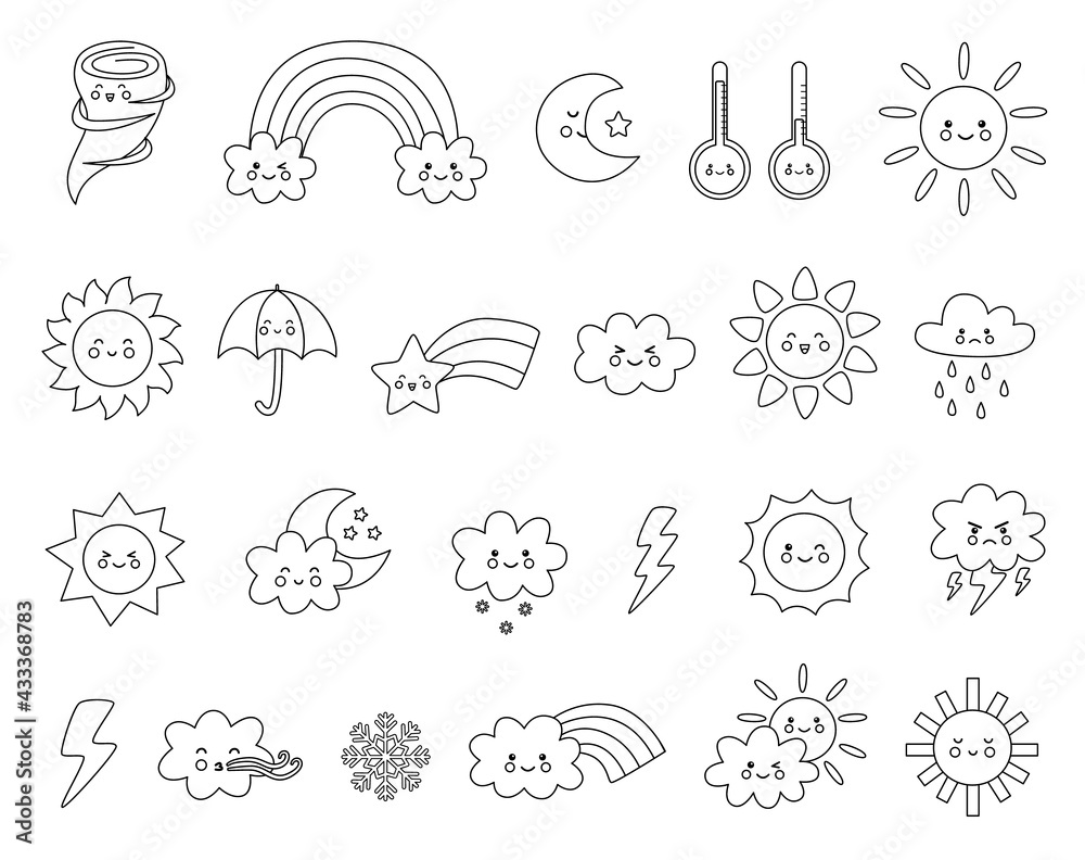 Black and white set of cute vector weather elements in cartoon style. Collection of childish illustrations.