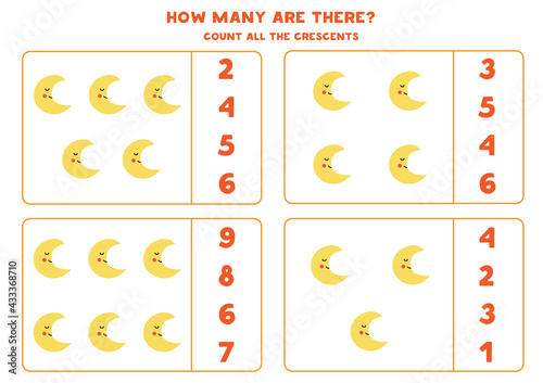 Counting game with cute moon. Math worksheet.