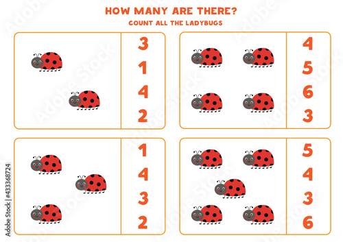 Counting game with cute ladybugs. Math worksheet.
