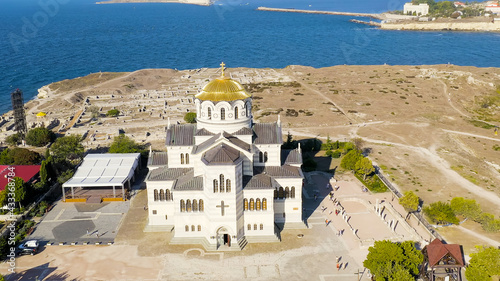 Sevastopol, Crimea. Vladimirsky Cathedral in Chersonesos. Chersonesus Tauric - founded by the ancient Greeks on the Heracles peninsula on the Crimean coast, Aerial View photo