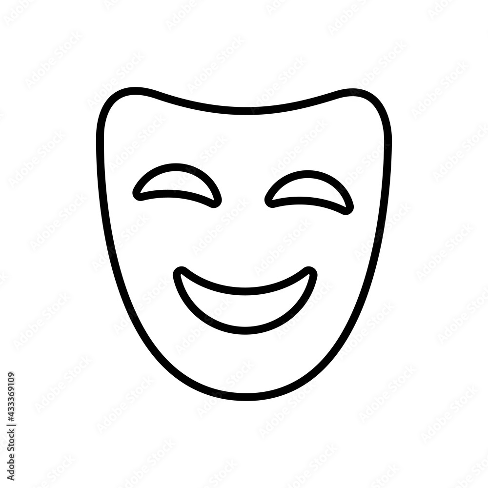 Comedy or comic face mask thin black icon. Happy mood silhouette. Trendy flat isolated symbol, sign for: outline illustration, logo, mobile, app, design, web, dev, ui, ux. Vector EPS 10 Comedy or comic face mask thin black icon. Happy mood silhouette. Trendy flat isolated symbol, sign for: outline illustration, logo, mobile, app, design, web, dev, ui, ux. Vector EPS 10