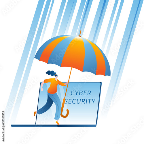 A girl with an umbrella protects her laptop from hacker attacks. The concept of a vector illustration on the topic of cybersecurity and cyber defense.