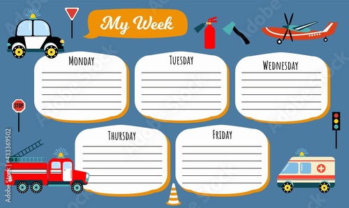School timetable template for 5 days a week for students. Includes hand-drawn rescue vehicles.