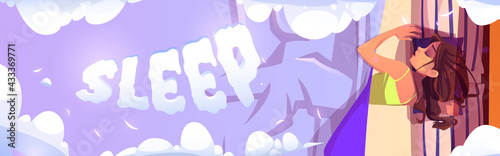 Young woman sleep cartoon banner, girl lying on pillows in bed at night top view, dormant female character nap at home or hotel, relaxing and sleeping with fluffy clouds around, vector illustration