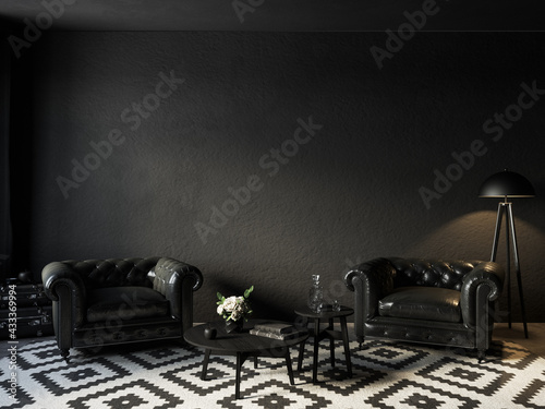 Black interior with leather armchairs, coffee table, floor lamp and decor. 3d render illustration mockup.