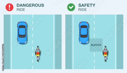Modern sedan car and sport motorcycle on a city road. Safety and dangerous bike ride. Keep a safe distance or buffer infographic. Flat vector illustration template.