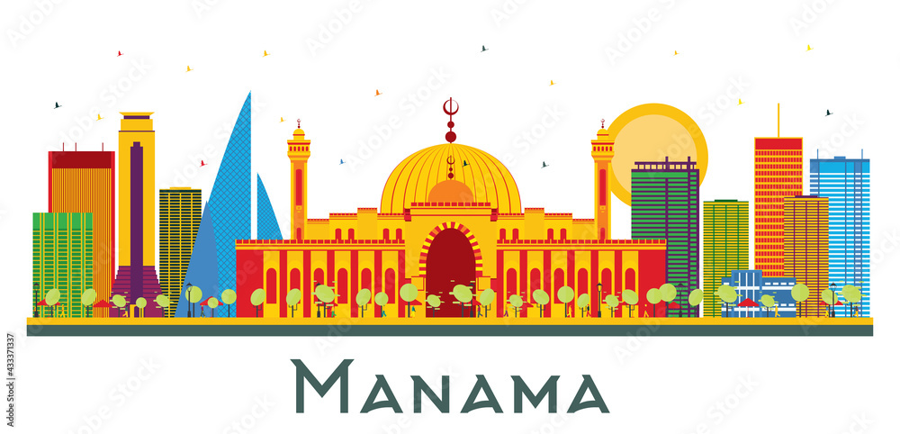 Fototapeta premium Manama Bahrain City Skyline with Color Buildings Isolated on White.