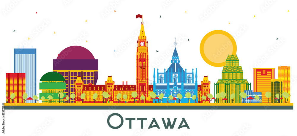 Ottawa Canada City Skyline with Color Buildings Isolated on White.