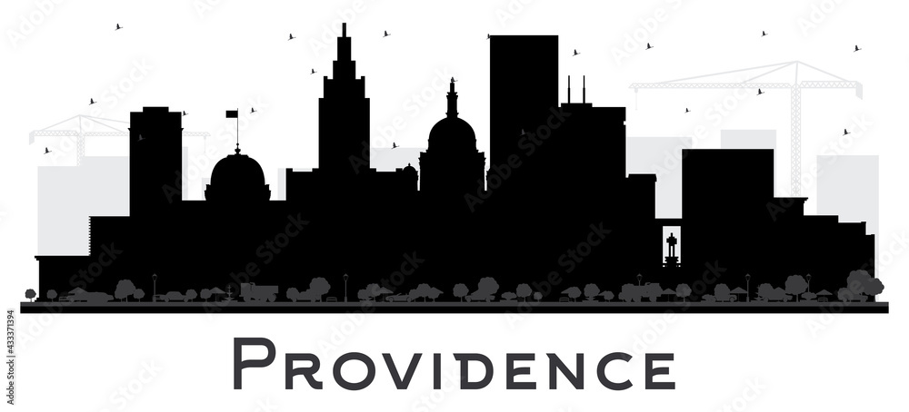 Providence Rhode Island City Skyline Silhouette with Black Buildings Isolated on White.