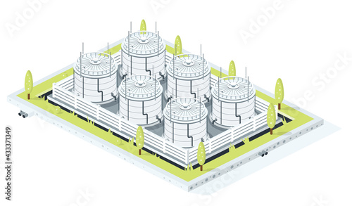 Isometric Storage of Gasoline, Crude Oil or Diesel. Tank Farm ​Isolated on White Background.
