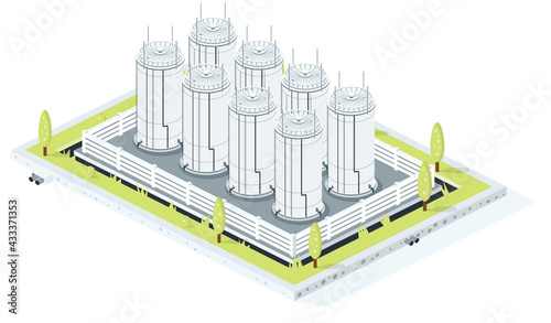 Isometric Storage of Gasoline, Crude Oil or Diesel. Tank Farm ​Isolated on White Background.
