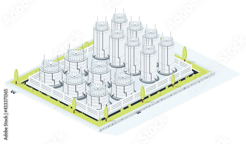 Isometric Storage of Gasoline, Crude Oil or Diesel. Tank Farm ​Isolated on White Background.