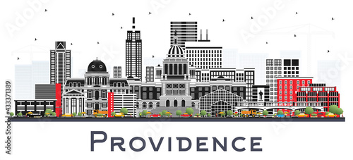 Providence Rhode Island City Skyline with Color Buildings Isolated on White.