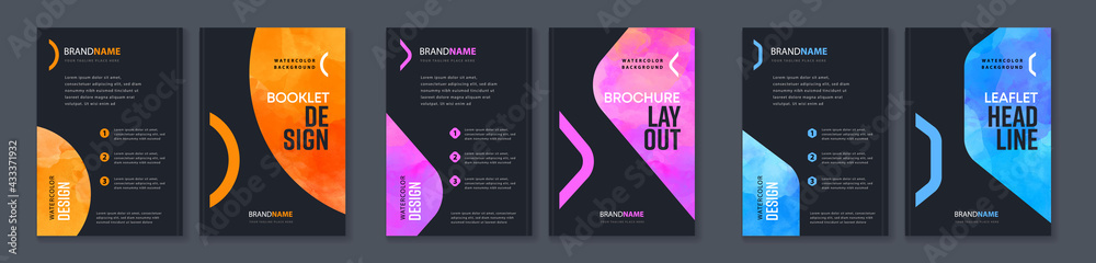Watercolor booklet brochure colourful abstract cover template bundle set with black background - obrazy, fototapety, plakaty 
