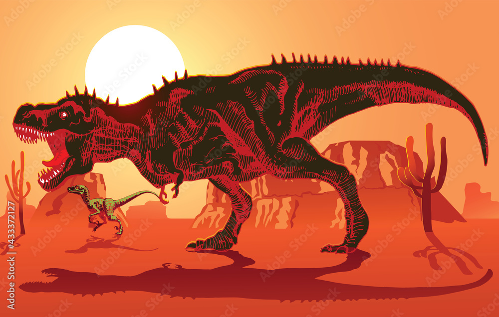 vector image of a herd of tyrannosaurs racing for prey against the backdrop of the setting sun