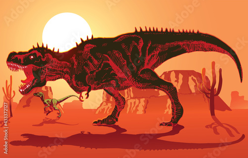 vector image of a herd of tyrannosaurs racing for prey against the backdrop of the setting sun © Олег Резник
