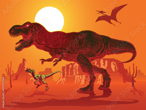 vector image of a herd of tyrannosaurs racing for prey against the backdrop of the setting sun © Олег Резник