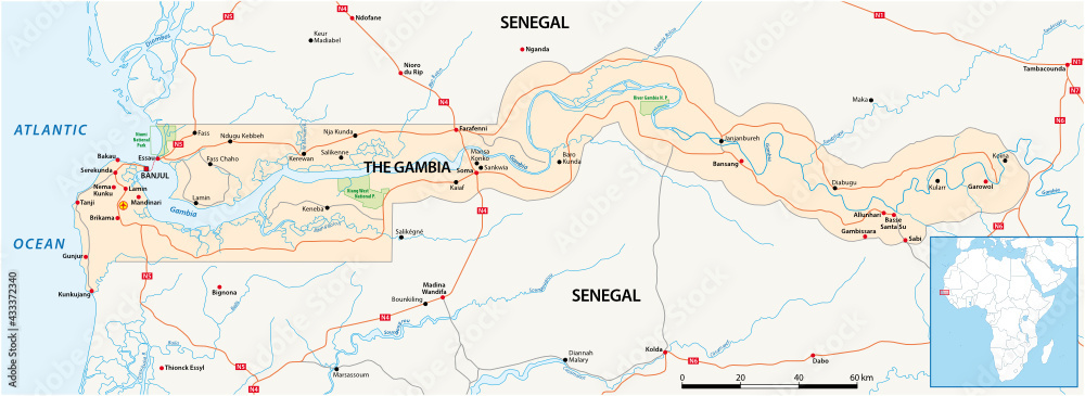 Road map of the West African state of Gambia