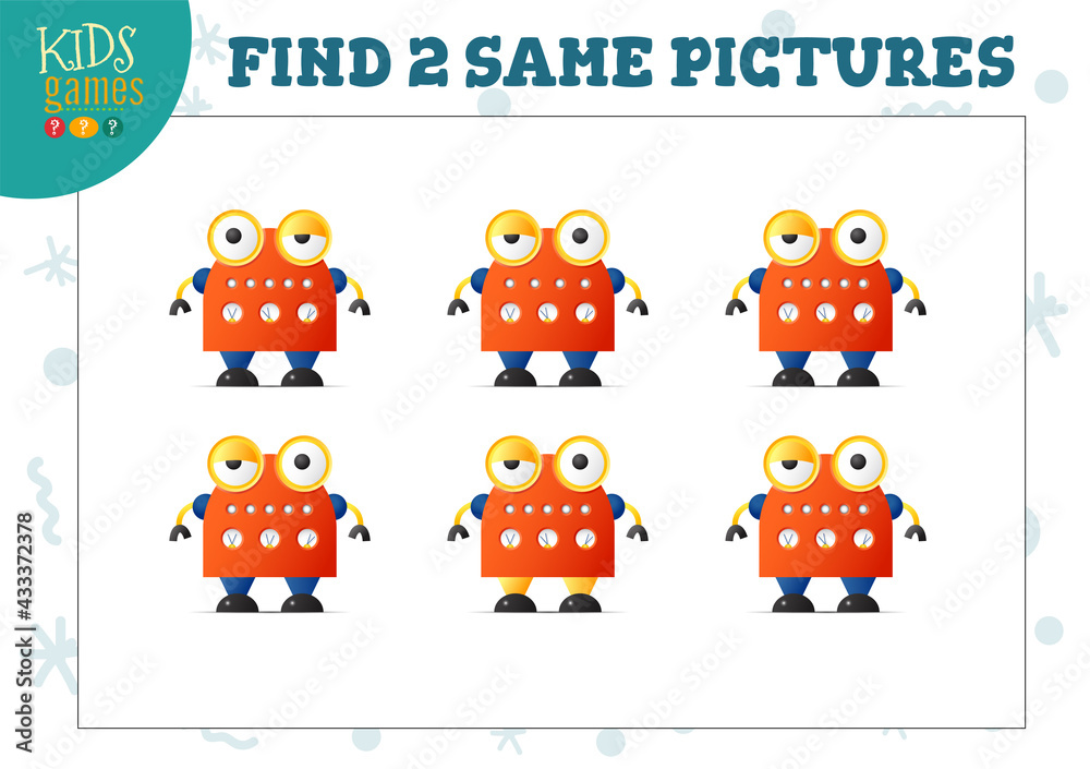 Find two same pictures kids game vector illustration.