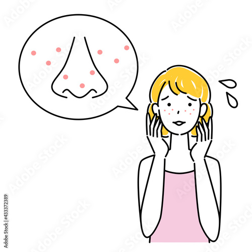 スキンケア 顔のお肌トラブルで困っている女性 ぶつぶつが出来ている イラスト シンプル ベクター