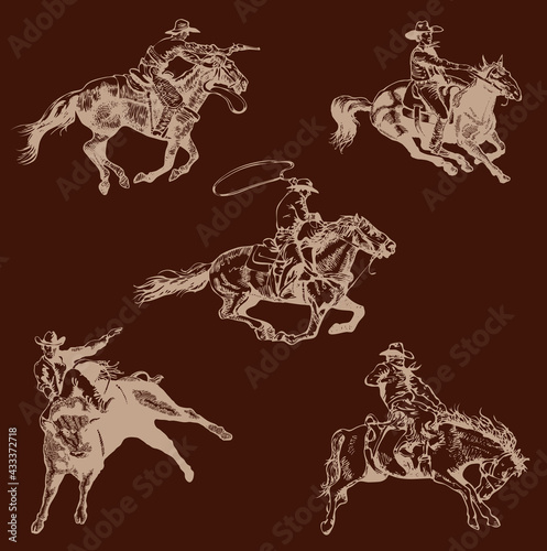 vector set of cowboys on rodeo horse
