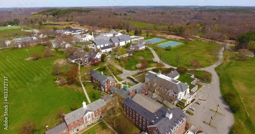 Brooks School aerial view in spring at 1160 Great Pond Road in town of North Andover, Massachusetts MA, USA.  photo
