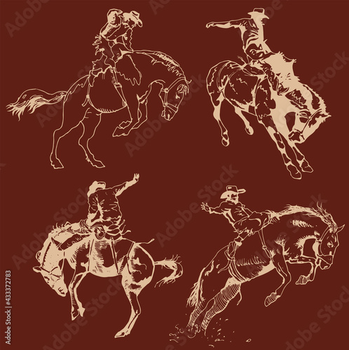 vector set of cowboys on rodeo horse