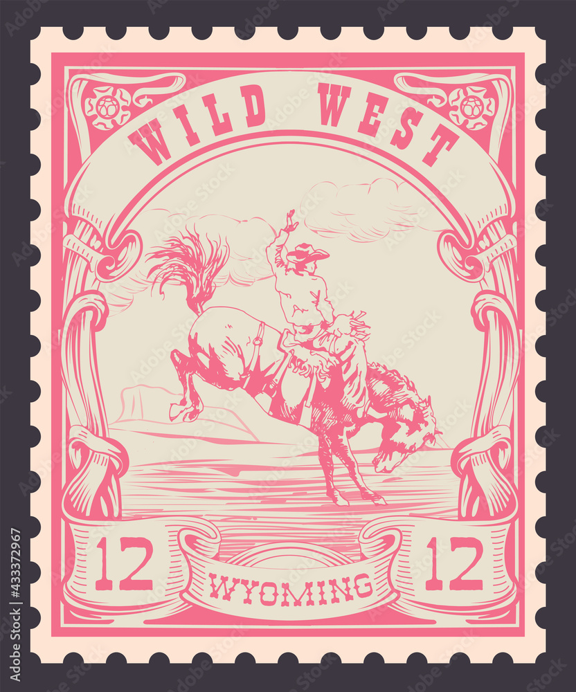 vector image of a cowboy on a horse in the form of a postage stamp printing on paper for t-shirt