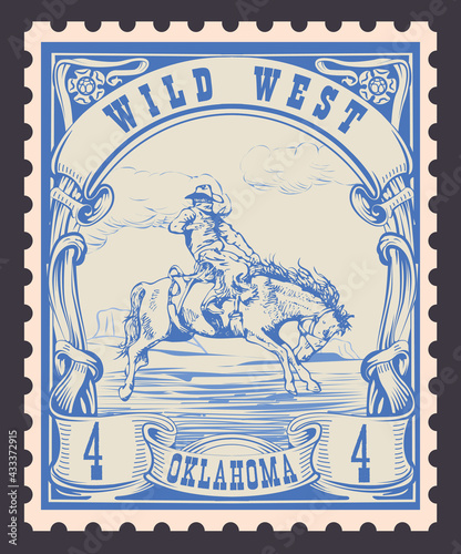 vector image of a cowboy on a horse in the form of a postage stamp printing on paper for t-shirt	