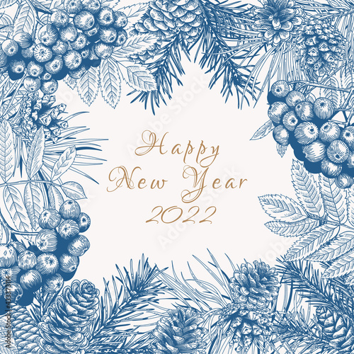 Winter template with mountain ash, pine branches and cones. Blue and white.