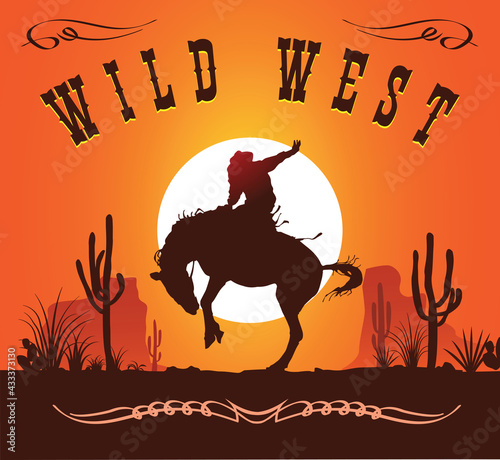 vector image of a cowboy on a horse on the background of the setting sun wild west