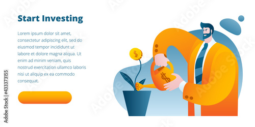 An investor in a business suit is watering a money tree. The concept of a vector illustration on the topic of the right investment. Template for a horizontal banner.