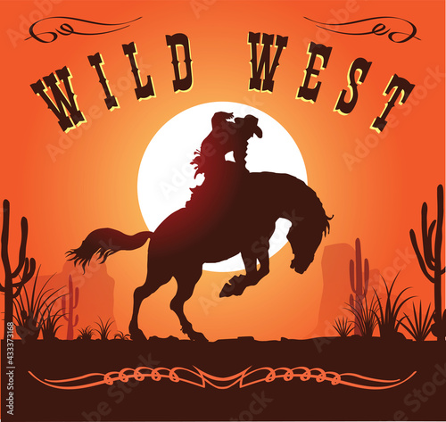 vector image of a cowboy on a horse on the background of the setting sun wild west