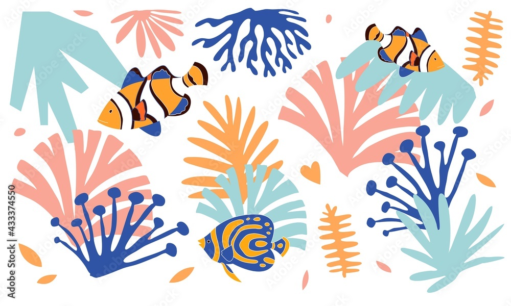 corals and fish for prints and room walls. illustration of shellfish and sea fish. Fish shell pattern for fabric. corals and fish for prints and room walls. illustration of shellfish and sea fish. Fish shell pattern for fabric.