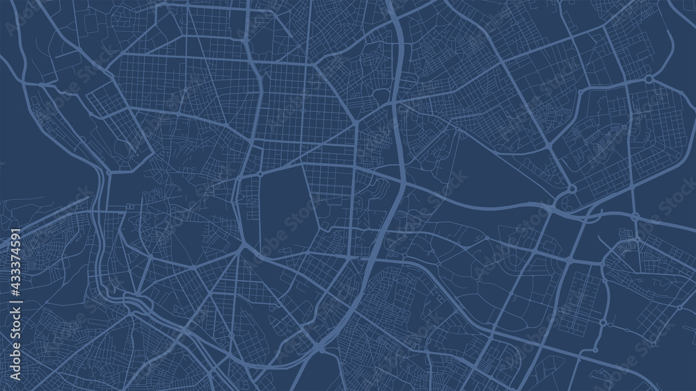 Blue Madrid city area vector background map, streets and water cartography illustration.