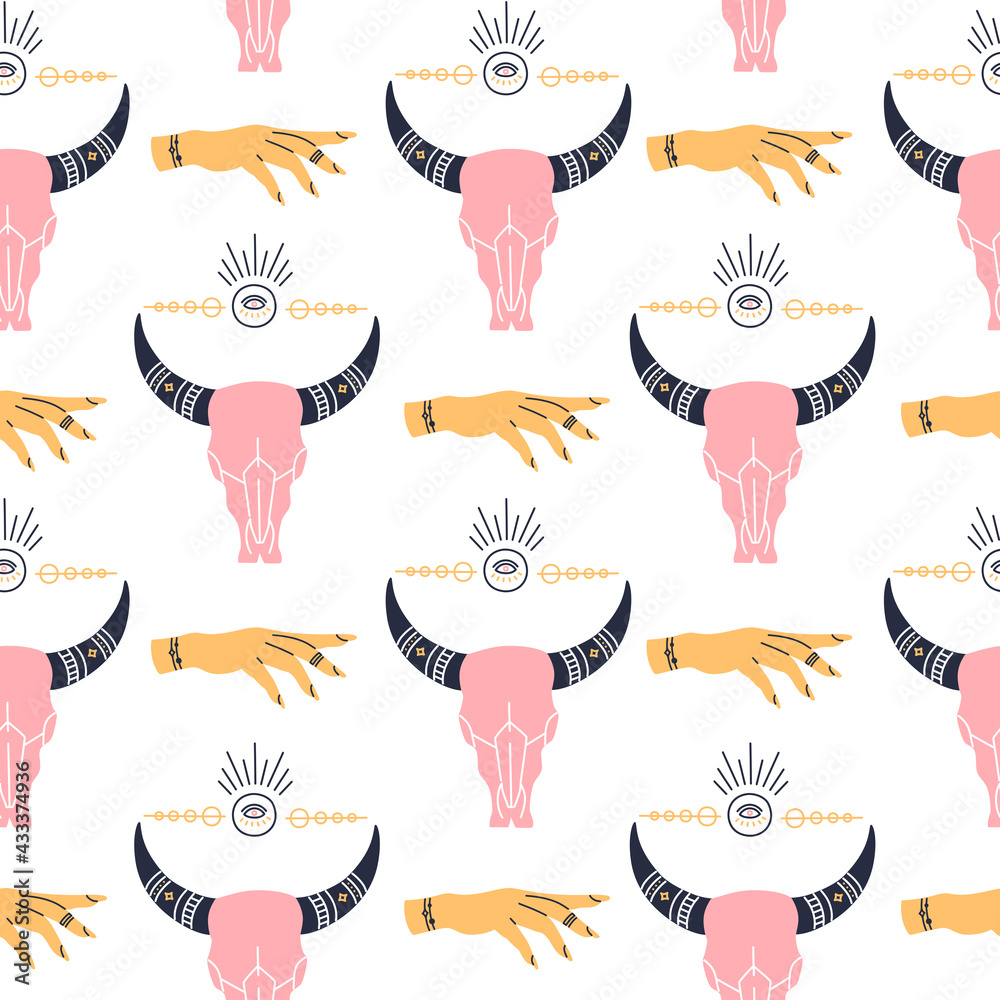 Obraz premium Seamless pattern with magic symbol cute pink buffalo skull and psychic, mystic hand drawn repeat wallpaper in modern style. Occult witchcraft vector illustration for fabric, textile and wrapping paper