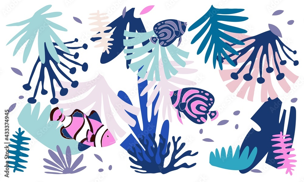 corals and fish for prints and room walls. illustration of shellfish and sea fish. Fish shell pattern for fabric. corals and fish for prints and room walls. illustration of shellfish and sea fish. Fish shell pattern for fabric.