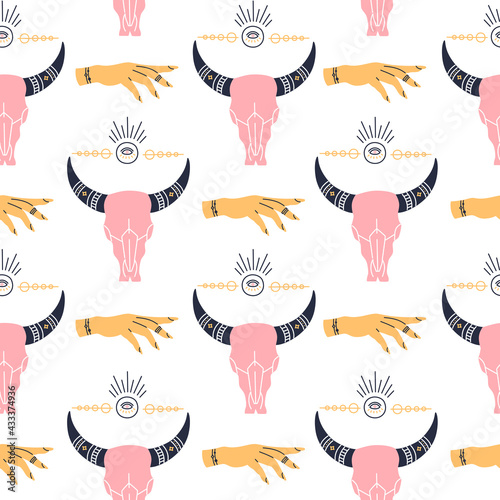 Seamless pattern with magic symbol cute pink buffalo skull and psychic, mystic hand drawn repeat wallpaper in modern style. Occult witchcraft vector illustration for fabric, textile and wrapping paper