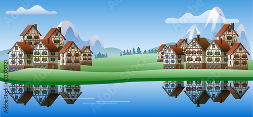 Spring mountain landscape with half-timbered houses. Vector illustration on the theme of the Bavarian Alps. Horizontal banner template.
