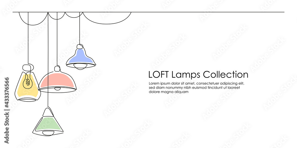 Loft lamps collection and lampshades in one line drawing. Horizontal banner in minimalistic Industrial style. Vector illustration of Hanging modern chandelier and light bulbs Loft lamps collection and lampshades in one line drawing. Horizontal banner in minimalistic Industrial style. Vector illustration of Hanging modern chandelier and light bulbs