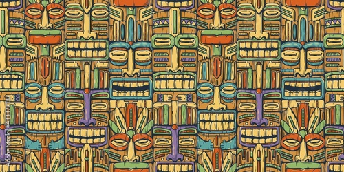 Surfing tiki mask hawaii wooden tiki mask for trendy bar. Traditional ethnic idol and hawaiian surf, maori or polynesian. Design old tribal totem. Seamless pattern