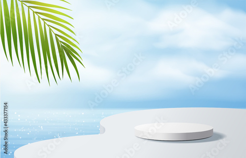 White podium display with palm tree for product presentation, summer beach with blue sea and sky background.