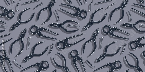 Plier tool. Tongs or pincer for equipment carpentry and repair wood workshop. Seamless pattern