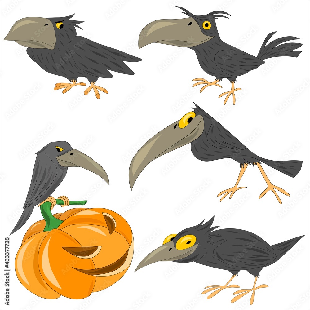 Fototapeta premium Black crows with different emotions on a white background. Halloween characters